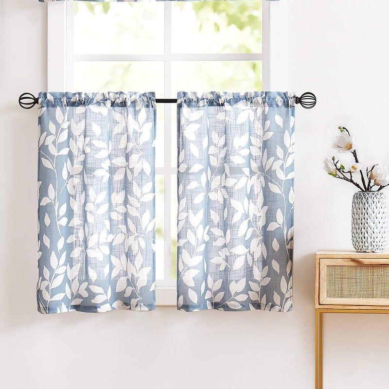 Treatmentex Blue Kitchen Tier Curtains 24" Short White Leaf Print CafÃ© Curtains for Small Windows 2 Panels - Image 1